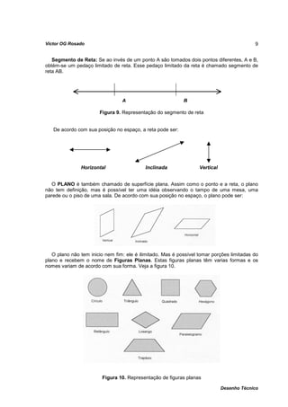 Víctor OG Rosado                                                                           9


   Segmento de Reta: Se ao invés de um ponto A são tomados dois pontos diferentes, A e B,
obtém-se um pedaço limitado de reta. Esse pedaço limitado da reta é chamado segmento de
reta AB.




                                 A                          B

                       Figura 9. Representação do segmento de reta


   De acordo com sua posição no espaço, a reta pode ser:




               Horizontal                  Inclinada               Vertical


   O PLANO é também chamado de superfície plana. Assim como o ponto e a reta, o plano
não tem definição, mas é possível ter uma idéia observando o tampo de uma mesa, uma
parede ou o piso de uma sala. De acordo com sua posição no espaço, o plano pode ser:




   O plano não tem inicio nem fim: ele é ilimitado. Mas é possível tomar porções limitadas do
plano e recebem o nome de Figuras Planas. Estas figuras planas têm varias formas e os
nomes variam de acordo com sua forma. Veja a figura 10.




                        Figura 10. Representação de figuras planas

                                                                              Desenho Técnico
 