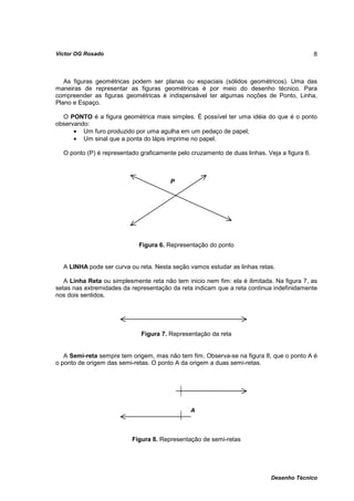 Víctor OG Rosado                                                                             8



   As figuras geométricas podem ser planas ou espaciais (sólidos geométricos). Uma das
maneiras de representar as figuras geométricas é por meio do desenho técnico. Para
compreender as figuras geométricas é indispensável ter algumas noções de Ponto, Linha,
Plano e Espaço.

  O PONTO é a figura geométrica mais simples. É possível ter uma idéia do que é o ponto
observando:
      • Um furo produzido por uma agulha em um pedaço de papel;
      • Um sinal que a ponta do lápis imprime no papel.

  O ponto (P) é representado graficamente pelo cruzamento de duas linhas. Veja a figura 6.



                                        P




                             Figura 6. Representação do ponto


  A LINHA pode ser curva ou reta. Nesta seção vamos estudar as linhas retas.

   A Linha Reta ou simplesmente reta não tem inicio nem fim: ela é ilimitada. Na figura 7, as
setas nas extremidades da representação da reta indicam que a reta continua indefinidamente
nos dois sentidos.




                              Figura 7. Representação da reta


   A Semi-reta sempre tem origem, mas não tem fim. Observa-se na figura 8, que o ponto A é
o ponto de origem das semi-retas. O ponto A da origem a duas semi-retas.




                                               A



                           Figura 8. Representação de semi-retas




                                                                            Desenho Técnico
 