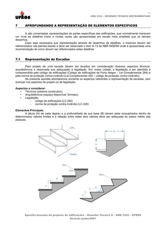 17
                                                         ARQ 3322 – DESENHO TÉCNICO INSTRUMENTADO



7      APROFUNDANDO A REPRESENTAÇÃO DE ELEMENTOS ESPECÍFICOS

        A são comentadas representações de partes específicas das edificações, que normalmente merecem
um nível de detalhes maior e muitas vezes são apresentadas em escala mais ampliada que os demais
desenhos.
        Caso seja necessária sua representação através de desenhos de detalhes, o mesmos devem ser
referenciados nas plantas baixas e deve ser observado o item A-13 da NBR 6492/94 onde é apresentada uma
recomendação de como devem ser referenciados estes detalhes.


7.1    Representação de Escadas

        Para projeto de uma escada devem ser levados em consideração diversos aspectos técnicos,
arquitetônicos e observada sua adequação à legislação. Em nossa cidade, a legislação a ser atendida é
compreendida pelo código de edificações (Código de edificações de Porto Alegre – Lei Complementar 284) e
pela norma de proteção contra incêndio (Lei Complementar 420 – código de proteção contra incêndio).
        Na presente apostila abordaremos somente os aspectos referentes a representação de escadas, sem
avançar nos aspectos de projeto ou de legislação.

Aspectos a considerar:
   • Técnicos (sistema construtivo);
   • Arquitetônicos (espaço disponível, formato);
   • Legislação
          – código de edificações (LC 284)
          – norma de proteção contra incêndio (LC 420)

Elementos Principais:
       A altura (H) de cada degrau e a profundidade de sua base (B) devem estar enquadrados dentro de
determinados valores limites e a relação entre estes dois valores deve ser adequada ao passo médio das
pessoas.




       Apostila desenho de projetos de edificações – Desenho Técnico II – ARQ 3322 – UFRGS
                                        Revisão junho/2007
 