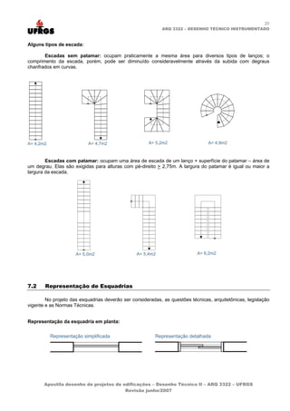 20
                                                            ARQ 3322 – DESENHO TÉCNICO INSTRUMENTADO



Alguns tipos de escada:

       Escadas sem patamar: ocupam praticamente a mesma área para diversos tipos de lanços; o
comprimento da escada, porém, pode ser diminuído consideravelmente através da subida com degraus
chanfrados em curvas.




        Escadas com patamar: ocupam uma área de escada de um lanço + superfície do patamar – área de
um degrau. Elas são exigidas para alturas com pé-direito > 2,75m. A largura do patamar é igual ou maior a
largura da escada.




7.2    Representação de Esquadrias

        No projeto das esquadrias deverão ser consideradas, as questões técnicas, arquitetônicas, legislação
vigente e as Normas Técnicas.


Representação da esquadria em planta:




       Apostila desenho de projetos de edificações – Desenho Técnico II – ARQ 3322 – UFRGS
                                        Revisão junho/2007
 