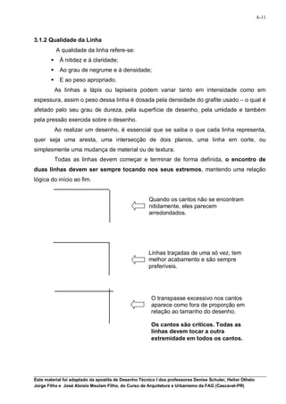 A-11



3.1.2 Qualidade da Linha
            A qualidade da linha refere-se:
            À nitidez e à claridade;
            Ao grau de negrume e à densidade;
            E ao peso apropriado.
            As linhas a lápis ou lapiseira podem variar tanto em intensidade como em
espessura, assim o peso dessa linha é dosada pela densidade do grafite usado – o qual é
afetado pelo seu grau de dureza, pela superfície de desenho, pela umidade e também
pela pressão exercida sobre o desenho.
            Ao realizar um desenho, é essencial que se saiba o que cada linha representa,
quer seja uma aresta, uma intersecção de dois planos, uma linha em corte, ou
simplesmente uma mudança de material ou de textura.
            Todas as linhas devem começar e terminar de forma definida, o encontro de
duas linhas devem ser sempre tocando nos seus extremos, mantendo uma relação
lógica do início ao fim.


                                                      Quando os cantos não se encontram
                                                      nitidamente, eles parecem
                                                      arredondados.




                                                      Linhas traçadas de uma só vez, tem
                                                      melhor acabamento e são sempre
                                                      preferíveis.




                                                       O transpasse excessivo nos cantos
                                                       aparece como fora de proporção em
                                                       relação ao tamanho do desenho.

                                                       Os cantos são críticos. Todas as
                                                       linhas devem tocar a outra
                                                       extremidade em todos os cantos.




Este material foi adaptado da apostila de Desenho Técnico I dos professores Denise Schuler, Heitor Othelo
Jorge Filho e José Aloísio Meulam Filho, do Curso de Arquitetura e Urbanismo da FAG (Cascavel-PR)
 