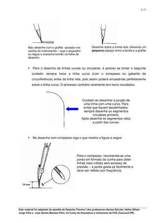 A-13




        Não desenhe com o grafite apoiado nos                  Desenhe sobre a borda reta, deixando um
        cantos do instrumento – suja o esquadro                pequeno espaço entre a borda e a grafite.
        ou régua e ocasiona borrão na folha de
        desenho.


           Para o desenho de linhas curvas ou circulares, é preciso se tomar o seguinte
            cuidado: sempre trace a linha curva (com o compasso ou gabarito de
            circunferência) antes da linha reta, pois assim poderá encaixá-las perfeitamente
            sobre a linha curva. O processo contrário raramente tem bons resultados.



                                                      Cuidado ao desenhar a junção de
                                                       uma linha com uma curva. Para
                                                       evitar que fiquem desalinhados:
                                                       sempre desenhe os segmentos
                                                              circulares primeiro.
                                                      Após desenhe os segmentos retos
                                                              a partir das curvas.



           No desenho com compasso siga o que mostra a figura a seguir:




                                                  Para o compasso, recomenda-se uma
                                                  ponta em formato de cunha para obter
                                                  linhas mais nítidas sem excesso de
                                                  pressão – a ponta gasta-se facilmente e
                                                  deve ser refeita com freqüência.



   10 mm




Este material foi adaptado da apostila de Desenho Técnico I dos professores Denise Schuler, Heitor Othelo
Jorge Filho e José Aloísio Meulam Filho, do Curso de Arquitetura e Urbanismo da FAG (Cascavel-PR)
 