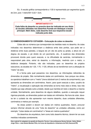 A-21

         Ex.: A escala gráfica correspondente a 1:50 é representada por segmentos iguais
de 2cm, pois 1 metro/50= 0,02 = 2cm.


                                                                           metros
                    -1         0            1             2            3

                             IMPORTANTE!!!!!!!!
      Cada folha de desenho ou prancha deve ter indicada em seu título
      as escalas utilizadas nos desenhos ficando em destaque a escala
       principal. Além disto, cada desenho terá sua respectiva escala
                             indicada junto dele.



3.5 DIMENSIONAMENTO/ COTAGEM – Colocação de cotas no desenho
         Cotas são os números que correspondem às medidas reais no desenho. As cotas
indicadas nos desenhos determinam a distância entre dois pontos, que pode ser a
distância entre duas paredes, a largura de um vão de porta ou janela, a altura de um
degrau de escada, o pé direito de um pavimento, etc.. A ausência das dimensões
provocará dúvida para quem executa, e na dificuldade de saná-las, normalmente o
responsável pela obra, extrai do desenho, a informação, medindo com o metro, a
distância desejada. Portanto, não são indicadas, para os desenhos de projetos
executivos, as escalas de 1:25, 1:75, 1:125, difíceis de se transformar com a utilização do
“metro” de obra.
         É a forma pela qual passamos nos desenhos, as informações referentes às
dimensões de projeto. São normalmente dadas em centímetros. Isso porque nas obras,
os operários trabalham com o "metro" (trena dobrável com 2 metros de comprimento), que
apresenta as dimensões em centímetros. Assim, para quem executa a obra, usuário do
"metro", a visualização e aplicação das dimensões se torna mais clara e direta. Isso não
impede que seja utilizada outra unidade, desde que mantida em todo o desenho a mesma
unidade. Normalmente, para desenhos de alguns detalhes, quando a execução requer
rigorosa precisão, as dimensões podem ser dadas em milímetros. Na hora de cotar, deve-
se ter o cuidado de não apresentar num mesmo desenho, duas unidades diferentes,
centímetros e metros por exemplo.
         As áreas podem e devem ser dadas em metros quadrados. Assim, procurar
sempre informar através de uma "nota de desenho" as unidades utilizadas, como por
exemplo: "cotas dadas em centímetros" e "áreas em metros quadrados".
         Os desenhos de arquitetura, bem como todo desenho técnico, devem ter as suas
medidas indicadas corretamente.
Este material foi adaptado da apostila de Desenho Técnico I dos professores Denise Schuler, Heitor Othelo
Jorge Filho e José Aloísio Meulam Filho, do Curso de Arquitetura e Urbanismo da FAG (Cascavel-PR)
 