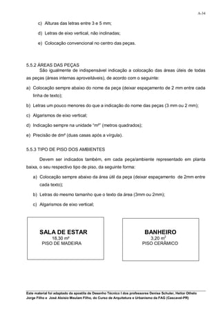 A-34

       c) Alturas das letras entre 3 e 5 mm;

       d) Letras de eixo vertical, não inclinadas;

       e) Colocação convencional no centro das peças.



5.5.2 ÁREAS DAS PEÇAS
       São igualmente de indispensável indicação a colocação das áreas úteis de todas
as peças (áreas internas aproveitáveis), de acordo com o seguinte:

a) Colocação sempre abaixo do nome da peça (deixar espaçamento de 2 mm entre cada
    linha de texto);

b) Letras um pouco menores do que a indicação do nome das peças (3 mm ou 2 mm);

c) Algarismos de eixo vertical;

d) Indicação sempre na unidade “m²” (metros quadrados);

e) Precisão de dm² (duas casas após a vírgula).


5.5.3 TIPO DE PISO DOS AMBIENTES

        Devem ser indicados também, em cada peça/ambiente representado em planta
baixa, o seu respectivo tipo de piso, da seguinte forma:

    a) Colocação sempre abaixo da área útil da peça (deixar espaçamento de 2mm entre
        cada texto);

    b) Letras do mesmo tamanho que o texto da área (3mm ou 2mm);

    c) Algarismos de eixo vertical;




        SALA DE ESTAR                                                   BANHEIRO
             18,30 m²                                                     3,20 m2
         PISO DE MADEIRA                                               PISO CERÂMICO




Este material foi adaptado da apostila de Desenho Técnico I dos professores Denise Schuler, Heitor Othelo
Jorge Filho e José Aloísio Meulam Filho, do Curso de Arquitetura e Urbanismo da FAG (Cascavel-PR)
 