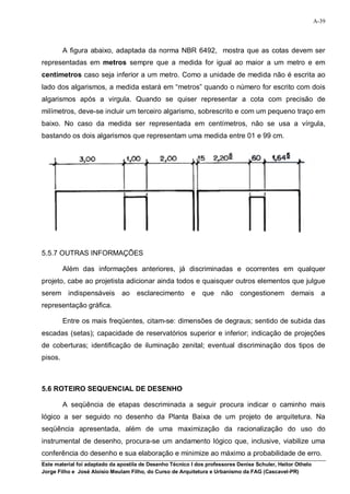 A-39




         A figura abaixo, adaptada da norma NBR 6492, mostra que as cotas devem ser
representadas em metros sempre que a medida for igual ao maior a um metro e em
centímetros caso seja inferior a um metro. Como a unidade de medida não é escrita ao
lado dos algarismos, a medida estará em “metros” quando o número for escrito com dois
algarismos após a virgula. Quando se quiser representar a cota com precisão de
milímetros, deve-se incluir um terceiro algarismo, sobrescrito e com um pequeno traço em
baixo. No caso da medida ser representada em centímetros, não se usa a vírgula,
bastando os dois algarismos que representam uma medida entre 01 e 99 cm.




5.5.7 OUTRAS INFORMAÇÕES

         Além das informações anteriores, já discriminadas e ocorrentes em qualquer
projeto, cabe ao projetista adicionar ainda todos e quaisquer outros elementos que julgue
serem indispensáveis           ao    esclarecimento       e   que    não     congestionem demais              a
representação gráfica.

         Entre os mais freqüentes, citam-se: dimensões de degraus; sentido de subida das
escadas (setas); capacidade de reservatórios superior e inferior; indicação de projeções
de coberturas; identificação de iluminação zenital; eventual discriminação dos tipos de
pisos.



5.6 ROTEIRO SEQUENCIAL DE DESENHO

         A seqüência de etapas descriminada a seguir procura indicar o caminho mais
lógico a ser seguido no desenho da Planta Baixa de um projeto de arquitetura. Na
seqüência apresentada, além de uma maximização da racionalização do uso do
instrumental de desenho, procura-se um andamento lógico que, inclusive, viabilize uma
conferência do desenho e sua elaboração e minimize ao máximo a probabilidade de erro.
Este material foi adaptado da apostila de Desenho Técnico I dos professores Denise Schuler, Heitor Othelo
Jorge Filho e José Aloísio Meulam Filho, do Curso de Arquitetura e Urbanismo da FAG (Cascavel-PR)
 