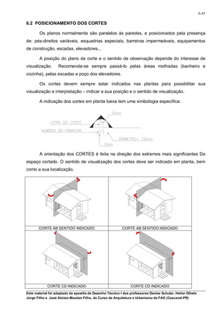 A-45

6.2 POSICIONAMENTO DOS CORTES

        Os planos normalmente são paralelos às paredes, e posicionados pela presença
de: pés-direitos variáveis, esquadrias especiais, barreiras impermeáveis, equipamentos
de construção, escadas, elevadores...

        A posição do plano de corte e o sentido de observação depende do interesse de
visualização.      Recomenda-se sempre passá-lo pelas áreas molhadas (banheiro e
cozinha), pelas escadas e poço dos elevadores.

        Os cortes devem sempre estar indicados nas plantas para possibilitar sua
visualização e interpretação – indicar a sua posição e o sentido de visualização.

        A indicação dos cortes em planta baixa tem uma simbologia específica:




        A orientação dos CORTES é feita na direção dos extremos mais significantes Do
espaço cortado. O sentido de visualização dos cortes deve ser indicado em planta, bem
como a sua localização.




       CORTE AB SENTIDO INDICADO                           CORTE AB SENTIDO INDICADO




            CORTE CD INDICADO                                   CORTE CD INDICADO
Este material foi adaptado da apostila de Desenho Técnico I dos professores Denise Schuler, Heitor Othelo
Jorge Filho e José Aloísio Meulam Filho, do Curso de Arquitetura e Urbanismo da FAG (Cascavel-PR)
 