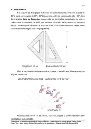 A-5

2.3 ESQUADROS
         É o conjunto de duas peças de formato triangular-retangular, uma com ângulos de
45º e outra com ângulos de 30º e 60º (obviamente, além do outro ângulo reto – 90º). São
denominados Jogo de Esquadros quando são de dimensões compatíveis, ou seja, o
cateto maior do esquadro de 30/60 tem a mesma dimensão da hipotenusa do esquadro
de 45. Utilizados para o traçado de linhas verticais, horizontais e inclinadas, sendo muito
utilizado em combinação com a régua paralela.




                ESQUADRO DE 45º                     ESQUADRO DE 30º/60º

         Com a combinação destes esquadros torna-se possível traçar linhas com outros
ângulos conhecidos.




         Os esquadros devem ser de acrílico, espessos, rígidos e, preferencialmente sem
marcação de sua gradação.
Este material foi adaptado da apostila de Desenho Técnico I dos professores Denise Schuler, Heitor Othelo
Jorge Filho e José Aloísio Meulam Filho, do Curso de Arquitetura e Urbanismo da FAG (Cascavel-PR)
 