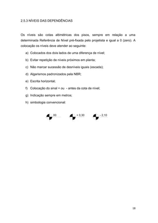 18
2.5.3 NÍVEIS DAS DEPENDÊNCIAS
Os níveis são cotas altimétricas dos pisos, sempre em relação a uma
determinada Referência de Nível pré-fixada pelo projetista e igual a 0 (zero). A
colocação os níveis deve atender ao seguinte:
a) Colocados dos dois lados de uma diferença de nível;
b) Evitar repetição de níveis próximos em planta;
c) Não marcar sucessão de desníveis iguais (escada);
d) Algarismos padronizados pela NBR;
e) Escrita horizontal;
f) Colocação do sinal + ou - antes da cota de nível;
g) Indicação sempre em metros;
h) simbologia convencional:
+ 0,3000 - 2,10
 