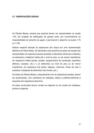 25
2.7 OBSERVAÇÕES GERAIS
As Plantas Baixas, sempre que possível devem ser representadas na escala
1:50. Em projetos de edificações de grande porte, por inconveniência ou
impossibilidade de tamanho do papel, é permissível o desenho na escala 1:75
ou 1:100.
Dedicar especial atenção às espessuras dos traços em uma representação
definitiva de Planta Baixa. Os elementos mais próximos do plano de secção são
representados em espessura grossa (paredes e elementos estruturais cortados);
os elementos a distância média até o nível do piso, ou de menos importância,
em espessura média (portas, janelas, equipamentos de construção, aparelhos
elétricos, escadas, etc.); e os elementos ao nível do piso ou de menor
importância, em espessura fina (pisos, degraus, hachuras, linhas de cota e
auxiliares, tracejados de elementos não visíveis, etc.).
Os títulos da Plantas Baixas, conjuntamente com as respectivas escalas, devem
ser posicionados, com caracteres em destaque, abaixo e preferencialmente à
esquerda dos respectivos desenhos.
As áreas construídas devem constar em legenda ou em quadro em destaque,
próximo à legenda.
 