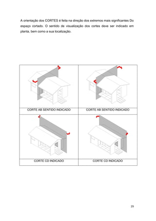 29
A orientação dos CORTES é feita na direção dos extremos mais significantes Do
espaço cortado. O sentido de visualização dos cortes deve ser indicado em
planta, bem como a sua localização.
CORTE AB SENTIDO INDICADO CORTE AB SENTIDO INDICADO
CORTE CD INDICADO CORTE CD INDICADO
 