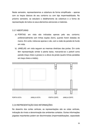 34
Neste semestre, representaremos a cobertura de forma simplificada – apenas
com os traços básicos de seu contorno ou com laje impermeabilizada. No
próximo semestre, se estudará o detalhamento da cobertura e a forma de
representação de todos os seus elementos estruturais e materiais.
3.3.7 ABERTURAS
a) PORTAS: em vista são indicadas apenas pelo seu contorno;
preferencialmente com linhas duplas (5cm), quando forem dotadas de
marco. Em corte, indica-se apenas o vão, com a visão da parede do fundo
em vista.
b) JANELAS: em vista seguem as mesmas diretrizes das portas. Em corte
têm representação similar à planta baixa, marcando-se o peitoril como
parede (traço cheio e grosso) e a altura da janela (quatro linhas paralelas
em traço cheio e médio).
PORTA VISTA JANELA VISTA PORTA CORTE JANELA CORTE
3.3.8 REPRESENTAÇÃO DAS INFORMAÇÕES
No desenho dos cortes verticais, as representações são as cotas verticais,
indicação de níveis e denominação dos ambientes cortados. Outras informações
julgadas importantes podem ser discriminadas (impermeabilizações, capacidade
 