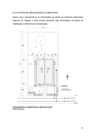 65
6.4.2 PLANTA DE IMPLANTAÇÃO E COBERTURA
Nesse caso, representa-se as informações da planta de cobertura (elementos
externos do telhado e rede pluvial) acrescido das informações da planta de
localização e elementos da implantação.
TELHA
CERÂMICA
i=30%
A. P.
meio fio
TELHA
CERÂMICA
i=30%
250560390
2005028028050340
10655088550450
250
150
1115885500
240 150
LIXO
2500
1200
C.I.
REDE PÚBLICA ESGOTO
ESCOAMENTO PLUVIAL
C.P.C.P.
C.P.
C.P.
350150
POSTE PADRÃO
(entrada energia elétrica)
HIDRÔMETRO
(entrada água)
LOCALIZAÇÃO, COBERTURA E IMPLANTAÇÃO
SEM ESCALA
 