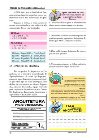 TÉCNICO EM TRANSAÇÕES IMOBILIÁRIAS
INEDI - Cursos Profissionalizantes18 •••••
A NBR 8402 tem a finalidade de fixar
características da escrita a mão livre ou por ins-
trumentos usados para a elaboração dos pro-
jetos.
Segundo a norma, as letras devem ser
sempre em maiúsculas e não inclinadas. Os
números não devem estar inclinados
LETRAS
A B C D E F G H...
A B C D E F G H...
NÚMEROS
1 2 3 4 5 6 7 8 9...
1 2 3 4 5 6 7 8 9...
(2,0mm – Régua 80 CL – Pena 0,2mm)
(2,5mm – Régua 100 CL – Pena 0,3mm)
(3,5mm – Régua 140 CL – Pena 0,4mm)
(4,5mm – Régua 175 CL – Pena 0,8mm)
2.5 – CARIMBO OU LEGENDA
Em um projeto de Arquitetura ou En-
genharia, faz-se necessário a identificação de
alguns elementos, tais como: tipo de projeto,
endereço, autor do projeto, responsável técni-
co pela obra, tipo de escala empregada, área
do lote, área de construção, número da pran-
cha, números de prancha, espaço reservado
para a aprovação da prefeitura e pelo Conse-
lho Regional de Engenharia, Arquitetura e
Agronomia - CREA, entre outros.
1. Relacione abaixo quais os elementos fre-
qüentemente usados no desenho técnico.
_________________________________________
_________________________________________
2. O carimbo, localizado no canto esquerdo das
pranchas, possuiu alguns itens obrigatórios de-
finidos pela ABNT. Relacione-os abaixo.
_________________________________________
_________________________________________
3. Qual o objetivo dos símbolos e das conven-
ções em um projeto?
_________________________________________
_________________________________________
4. Como denominamos as linhas indicativas
das dimensões do objeto desenhado?
_________________________________________
1.Oselementosfreqüentementeutilizadosnodesenho
técnicosão:a)carimbos,b)símbolosouconvenções,
c)cotas;
2.Devemconstaremumcarimboinformaçõessobre:
endereçodaobra,autordoprojetoeresponsáveltécni-
co,proprietário,nomedodesenho,escala,desenhista,
dataeetc;
3.Ossímboloseasconvençõessãoutilizadosparamaior
clarezaousimplicidadedoprojeto;
4.Aslinhasindicativasdasdimen-
sõesdoprojetodesenhadosãode-
nominadas"cotas".
 