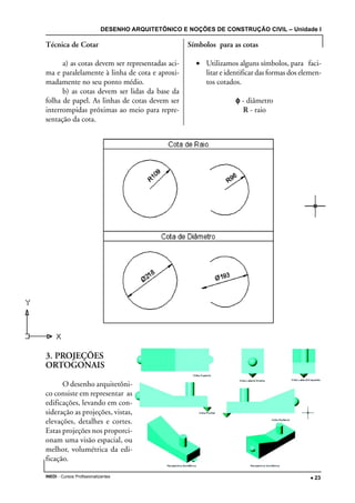 DESENHO ARQUITETÔNICO E NOÇÕES DE CONSTRUÇÃO CIVIL – Unidade I
INEDI - Cursos Profissionalizantes ••••• 23
Técnica de Cotar
a) as cotas devem ser representadas aci-
ma e paralelamente à linha de cota e aproxi-
madamente no seu ponto médio.
b) as cotas devem ser lidas da base da
folha de papel. As linhas de cotas devem ser
interrompidas próximas ao meio para repre-
sentação da cota.
Símbolos para as cotas
• Utilizamos alguns símbolos, para faci-
litar e identificar das formas dos elemen-
tos cotados.
φφφφφ - diâmetro
R - raio
3. PROJEÇÕES
ORTOGONAIS
O desenho arquitetôni-
co consiste em representar as
edificações, levando em con-
sideração as projeções, vistas,
elevações, detalhes e cortes.
Estas projeções nos proporci-
onam uma visão espacial, ou
melhor, volumétrica da edi-
ficação.
 