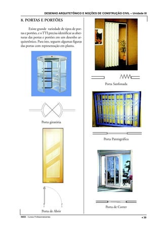 DESENHO ARQUITETÔNICO E NOÇÕES DE CONSTRUÇÃO CIVIL – Unidade III
INEDI - Cursos Profissionalizantes ••••• 39
8. PORTAS E PORTÕES
Existe grande variedade de tipos de por-
tas e portões, e oTTI precisa identificar as aber-
turas das portas e portões em um desenho ar-
quitetônico. Para isto, seguem algumas figuras
das portas com representação em planta.
Porta giratória
Porta de Abrir
Porta Sanfonada
Porta Pantográfica
Porta de Correr
 