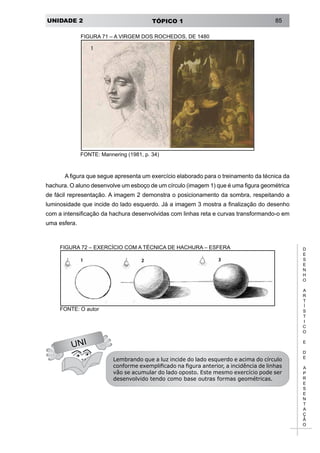 UNIDADE 2 TÓPICO 1 85
D
E
S
E
N
H
O
A
R
T
Í
S
T
I
C
O
E
D
E
A
P
R
E
S
E
N
T
A
Ç
Ã
O
FIGURA 71 – A VIRGEM DOS ROCHEDOS, DE 1480
FONTE: Mannering (1981, p. 34)
A figura que segue apresenta um exercício elaborado para o treinamento da técnica da
hachura. O aluno desenvolve um esboço de um círculo (imagem 1) que é uma figura geométrica
de fácil representação. A imagem 2 demonstra o posicionamento da sombra, respeitando a
luminosidade que incide do lado esquerdo. Já a imagem 3 mostra a finalização do desenho
com a intensificação da hachura desenvolvidas com linhas reta e curvas transformando-o em
uma esfera.
FIGURA 72 – EXERCÍCIO COM A TÉCNICA DE HACHURA – ESFERA
FONTE: O autor
UNI
Lembrando que a luz incide do lado esquerdo e acima do círculo
conforme exemplificado na figura anterior, a incidência de linhas
vão se acumular do lado oposto. Este mesmo exercício pode ser
desenvolvido tendo como base outras formas geométricas.
 