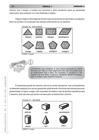 UNIDADE 2TÓPICO 188
D
E
S
E
N
H
O
A
R
T
Í
S
T
I
C
O
E
D
E
A
P
R
E
S
E
N
T
A
Ç
Ã
O
rotineiro com o tempo, à medida que treinamos o olhar, facilitando assim ao desenhista
desenvolver seus esboços com mais facilidade e rapidez.
Afigura a seguir mostra algumas formas mais convencionais em geometria: os polígonos.
Elas nos auxiliam na construção dos esboços preliminares de um desenho.
FIGURA 76 – POLÍGONOS
FONTE: O autor
IMPORTANTE!
i
Lembrando que polígono é uma figura geométrica plana
formada por três ou mais segmentos de reta (fechadas) que
se intersectam dois a dois. Por exemplo, o hexágono é um
polígono de seis lados. A palavra “polígono” advém do grego,
poly é muitos e gon significa ângulos.
É importante guardar de memória, não só os nomes das figuras, mas, principalmente,
os diferentes aspectos com que se apresentam graficamente.As formas das diversas gravuras,
apresentadas na figura a seguir, são chamadas de sólidos e são de grande importância para
o desenho, pois são elas que servem de base para se desenvolver volumes.
FIGURA 77 – SÓLIDOS
FONTE: O autor
 