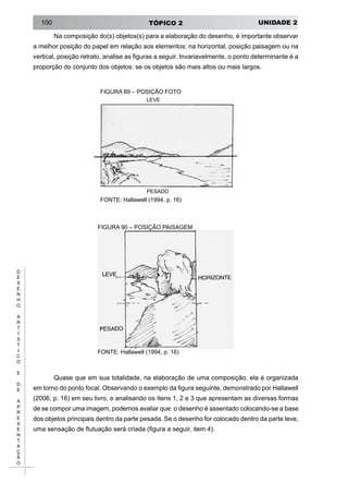 UNIDADE 2TÓPICO 2100
D
E
S
E
N
H
O
A
R
T
Í
S
T
I
C
O
E
D
E
A
P
R
E
S
E
N
T
A
Ç
Ã
O
Na composição do(s) objetos(s) para a elaboração do desenho, é importante observar
a melhor posição do papel em relação aos elementos: na horizontal, posição paisagem ou na
vertical, posição retrato, analise as figuras a seguir. Invariavelmente, o ponto determinante é a
proporção do conjunto dos objetos: se os objetos são mais altos ou mais largos.
FIGURA 89 – POSIÇÃO FOTO
FONTE: Hallawell (1994, p. 16)
FIGURA 90 – POSIÇÃO PAISAGEM
FONTE: Hallawell (1994, p. 16)
Quase que em sua totalidade, na elaboração de uma composição, ela é organizada
em torno do ponto focal. Observando o exemplo da figura seguinte, demonstrado por Hallawell
(2006, p. 16) em seu livro, e analisando os ítens 1, 2 e 3 que apresentam as diversas formas
de se compor uma imagem, podemos avaliar que: o desenho é assentado colocando-se a base
dos objetos principais dentro da parte pesada. Se o desenho for colocado dentro da parte leve,
uma sensação de flutuação será criada (figura a seguir, item 4).
leve
PESADO
 