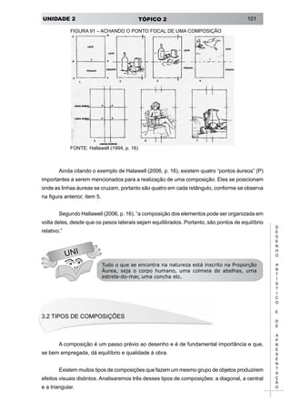 UNIDADE 2 TÓPICO 2 101
D
E
S
E
N
H
O
A
R
T
Í
S
T
I
C
O
E
D
E
A
P
R
E
S
E
N
T
A
Ç
Ã
O
FIGURA 91 – ACHANDO O PONTO FOCAL DE UMA COMPOSIÇÃO
UNI
FONTE: Hallawell (1994, p. 16)
Ainda citando o exemplo de Halawell (2006, p. 16), existem quatro “pontos áureos” (P)
importantes a serem mencionados para a realização de uma composição. Eles se posicionam
onde as linhas áureas se cruzam, portanto são quatro em cada retângulo, conforme se observa
na figura anterior, item 5.
Segundo Hallawell (2006, p. 16), “a composição dos elementos pode ser organizada em
volta deles, desde que os pesos laterais sejam equilibrados. Portanto, são pontos de equilíbrio
relativo.”
Tudo o que se encontra na natureza está inscrito na Proporção
Áurea, seja o corpo humano, uma colmeia de abelhas, uma
estrela-do-mar, uma concha etc.
3.2 TIPOS DE COMPOSIÇÕES
A composição é um passo prévio ao desenho e é de fundamental importância e que,
se bem empregada, dá equilíbrio e qualidade à obra.
Existem muitos tipos de composições que fazem um mesmo grupo de objetos produzirem
efeitos visuais distintos. Analisaremos três desses tipos de composições: a diagonal, a central
e a triangular.
 