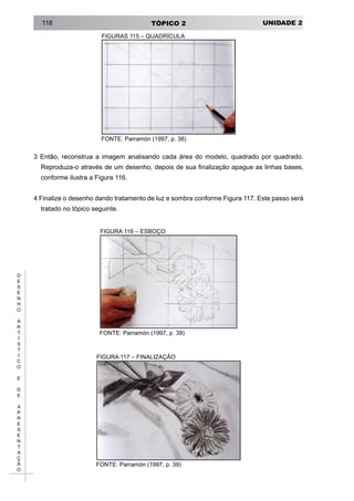 UNIDADE 2TÓPICO 2118
D
E
S
E
N
H
O
A
R
T
Í
S
T
I
C
O
E
D
E
A
P
R
E
S
E
N
T
A
Ç
Ã
O
FIGURAS 115 – QUADRÍCULA
FONTE: Parramón (1997, p. 38)
3 Então, reconstrua a imagem analisando cada área do modelo, quadrado por quadrado.
Reproduza-o através de um desenho, depois de sua finalização apague as linhas bases,
conforme ilustra a Figura 116.
4 Finalize o desenho dando tratamento de luz e sombra conforme Figura 117. Este passo será
tratado no tópico seguinte.
FIGURA 116 – ESBOÇO
FONTE: Parramón (1997, p. 39)
FIGURA 117 – FINALIZAÇÃO
FONTE: Parramón (1997, p. 39)
 