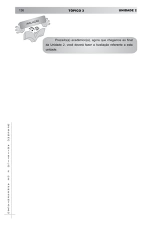 UNIDADE 2TÓPICO 3136
D
E
S
E
N
H
O
A
R
T
Í
S
T
I
C
O
E
D
E
A
P
R
E
S
E
N
T
A
Ç
Ã
O
AVALIAÇÃO
Prezado(a) acadêmico(a), agora que chegamos ao final
da Unidade 2, você deverá fazer a Avaliação referente a esta
unidade.
 
