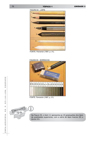 UNIDADE 2TÓPICO 176
D
E
S
E
N
H
O
A
R
T
Í
S
T
I
C
O
E
D
E
A
P
R
E
S
E
N
T
A
Ç
Ã
O
FIGURA 54 – LÁPIS
Fonte: Parramón (1997, p. 31).
FIGURA 55 – BORRACHA
Fonte: Parramón (1997, p. 31)
IMPORTANTE!
i
Na Figura 55, o item 11 apresenta as 19 graduações dos lápis
de qualidades superiores, com a série de lápis macios (B) e
duros (H).
 