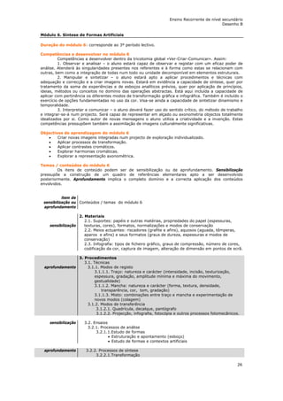 Ensino Recorrente de nível secundário
                                                                                              Desenho B

Módulo 6. Síntese de Formas Artificiais

Duração do módulo 6: corresponde ao 3º período lectivo.

Competências a desenvolver no módulo 6
         Competências a desenvolver dentro da tricotomia global «Ver-Criar-Comunicar». Assim:
         1. Observar e analisar – o aluno estará capaz de observar e registar com um eficaz poder de
análise. Atenderá às singularidades presentes nos referentes e à forma como estas se relacionam com
outras, bem como a integração de todas num todo ou unidade decomponível em elementos estruturais.
         2. Manipular e sintetizar – o aluno estará apto a aplicar procedimentos e técnicas com
adequação e correcção e a criar imagens novas. Estará em evidência a capacidade de síntese, quer por
tratamento da soma de experiências e de esboços analíticos prévios, quer por aplicação de princípios,
ideias, métodos ou conceitos no domínio das operações abstractas. Está aqui incluída a capacidade de
aplicar com pertinência os diferentes modos de transformação gráfica e infográfica. Também é incluído o
exercício de opções fundamentadas no uso da cor. Visa-se ainda a capacidade de sintetizar dinamismo e
temporalidade.
         3. Interpretar e comunicar – o aluno deverá fazer uso do sentido crítico, do método de trabalho
e integrar-se-á num projecto. Será capaz de representar em alçado ou axonometria objectos totalmente
idealizados por si. Como autor de novas mensagens o aluno utiliza a criatividade e a invenção. Estas
competências pressupõem também a assimilação de imagens culturalmente significativas.

Objectivos de aprendizagem do módulo 6
   •    Criar novas imagens integradas num projecto de exploração individualizado.
   •    Aplicar processos de transformação.
   •    Aplicar contrastes cromáticos.
   •    Explorar harmonias cromáticas.
   •    Explorar a representação axonométrica.

Temas / conteúdos do módulo 6
         Os itens de conteúdo podem ser de sensibilização ou de aprofundamento. Sensibilização
pressupõe a construção de um quadro de referências elementares apto a ser desenvolvido
posteriormente. Aprofundamento implica o completo domínio e a correcta aplicação dos conteúdos
envolvidos.


           item de
 sensibilização ou Conteúdos / temas do módulo 6
 aprofundamento

                   2. Materiais
                      2.1. Suportes: papéis e outras matérias, propriedades do papel (espessuras,
    sensibilização    texturas, cores), formatos, normalizações e modos de conservação
                      2.2. Meios actuantes: riscadores (grafite e afins), aquosos (aguada, têmperas,
                      aparos e afins) e seus formatos (graus de dureza, espessuras e modos de
                      conservação)
                      2.3. Infografia: tipos de ficheiro gráfico, graus de compressão, número de cores,
                      codificação da cor, captura de imagem, alteração de dimensão em pontos de ecrã.

                3. Procedimentos
                   3.1. Técnicas
 aprofundamento      3.1.1. Modos de registo
                         3.1.1.1. Traço: natureza e carácter (intensidade, incisão, texturização,
                         espessura, gradação, amplitude mínima e máxima do movimento,
                         gestualidade)
                         3.1.1.2. Mancha: natureza e carácter (forma, textura, densidade,
                             transparência, cor, tom, gradação)
                         3.1.1.3. Misto: combinações entre traço e mancha e experimentação de
                         novos modos (colagem)
                     3.1.2. Modos de transferência
                          3.1.2.1. Quadrícula, decalque, pantógrafo
                          3.1.2.2. Projecção, infografia, fotocópia e outros processos fotomecânicos.

    sensibilização    3.2. Ensaios
                        3.2.1. Processos de análise
                            3.2.1.1.Estudo de formas
                                   • Estruturação e apontamento (esboço)
                                   • Estudo de formas e contextos artificiais

 aprofundamento        3.2.2. Processos de síntese
                            3.2.2.1.Transformação

                                                                                                     26
 