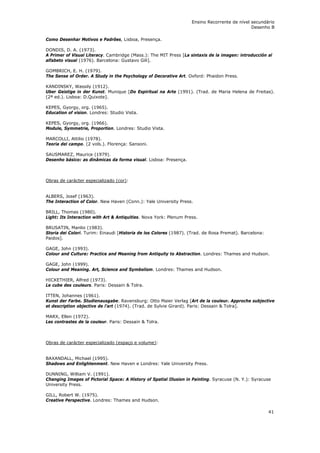 Ensino Recorrente de nível secundário
                                                                                               Desenho B

Como Desenhar Motivos e Padrões, Lisboa, Presença.

DONDIS, D. A. (1973).
A Primer of Visual Literacy. Cambridge (Mass.): The MIT Press [La sintaxis de la imagen: introducción al
alfabeto visual (1976). Barcelona: Gustavo Gili].

GOMBRICH, E. H. (1979).
The Sense of Order. A Study in the Psychology of Decorative Art. Oxford: Phaidon Press.

KANDINSKY, Wassily (1912).
Uber Geistige in der Kunst. Munique [Do Espiritual na Arte (1991). (Trad. de Maria Helena de Freitas).
(2ª ed.). Lisboa: D.Quixote].

KEPES, Gyorgy, org. (1965).
Education of vision. Londres: Studio Vista.

KEPES, Gyorgy, org. (1966).
Module, Symmetrie, Proportion. Londres: Studio Vista.

MARCOLLI, Attilio (1978).
Teoria del campo. (2 vols.). Florença: Sansoni.

SAUSMAREZ, Maurice (1979).
Desenho básico: as dinâmicas da forma visual. Lisboa: Presença.



Obras de carácter especializado (cor):


ALBERS, Josef (1963).
The Interaction of Color. New Haven (Conn.): Yale University Press.

BRILL, Thomas (1980).
Light: Its Interaction with Art & Antiquities. Nova York: Plenum Press.

BRUSATIN, Manlio (1983).
Storia dei Colori. Turim: Einaudi [Historia de los Colores (1987). (Trad. de Rosa Premat). Barcelona:
Paidos].

GAGE, John (1993).
Colour and Culture: Practice and Meaning from Antiquity to Abstraction. Londres: Thames and Hudson.

GAGE, John (1999).
Colour and Meaning. Art, Science and Symbolism. Londres: Thames and Hudson.

HICKETHIER, Alfred (1973).
Le cube des couleurs. Paris: Dessain & Tolra.

ITTEN, Johannes (1961).
Kunst der Farbe. Studienausgabe. Ravensburg: Otto Maier Verlag [Art de la couleur. Approche subjective
et description objective de l’art (1974). (Trad. de Sylvie Girard). Paris: Dessain & Tolra].

MARX, Ellen (1972).
Les contrastes de la couleur. Paris: Dessain & Tolra.



Obras de carácter especializado (espaço e volume):


BAXANDALL, Michael (1995).
Shadows and Enlightenment. New Haven e Londres: Yale University Press.

DUNNING, William V. (1991).
Changing Images of Pictorial Space: A History of Spatial Illusion in Painting. Syracuse (N. Y.): Syracuse
University Press.

GILL, Robert W. (1975).
Creative Perspective. Londres: Thames and Hudson.

                                                                                                        41
 