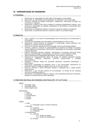 Ensino Recorrente de nível secundário
                                                                                            Desenho B


II - APRESENTAÇÃO DO PROGRAMA
A. Finalidades

           •     Desenvolver as capacidades de observação, interrogação e interpretação.
           •     Desenvolver as capacidades de representação, de expressão e de comunicação.
           •     Promover métodos de trabalho individual e colaborativo, observando princípios de
                 convivência e cidadania.
           •     Desenvolver o espírito crítico face a imagens e conteúdos mediatizados e adquirir, com
                 autonomia, capacidades de resposta superadoras de estereótipos e preconceitos face
                 ao meio envolvente.
           •     Desenvolver a sensibilidade estética, formando e aplicando padrões de exigência.
           •     Desenvolver a consciência histórica e cultural e cultivar a sua disseminação.


B. Objectivos

           •     Usar o desenho e os meios de representação como instrumentos de conhecimento e
                 interrogação.
           •     Conhecer as articulações entre percepção e representação do mundo visível.
           •     Desenvolver modos próprios de expressão e comunicação visuais utilizando com
                 eficiência os diversos recursos do desenho.
           •     Dominar os conceitos estruturais da comunicação visual e da linguagem plástica.
           •     Conhecer, explorar e dominar as potencialidades do desenho no âmbito do projecto
                 visual e plástico incrementando, neste domínio, capacidades de formulação, exploração
                 e desenvolvimento.
           •     Explorar diferentes suportes, materiais, instrumentos e processos, adquirindo gosto
                 pela sua experimentação e manipulação, com abertura a novos desafios e ideias.
           •     Utilizar fluentemente metodologias planificadas, com iniciativa e autonomia.
           •     Relacionar-se responsavelmente dentro de grupos de trabalho adoptando atitudes
                 construtivas,     solidárias,  tolerantes,   vencendo     idiossincrasias e   posições
                 discriminatórias.
           •     Respeitar e apreciar modos de expressão diferentes, recusando estereótipos e
                 preconceitos.
           •     Desenvolver capacidades de avaliação crítica e sua comunicação, aplicando-as às
                 diferentes fases do trabalho realizado, tanto por si como por outros.
           •     Dominar, conhecer e utilizar diferentes sentidos e utilizações que o registo gráfico
                 possa assumir.
           •     Seleccionar e usar recursos gráficos de concretização, no sentido de dar resposta
                 funcional a problemas práticos.
           •     Desenvolver a sensibilidade estética e adquirir uma consciência diacrónica do desenho,
                 assente no conhecimento de obras relevantes.


C. Visão Geral das Áreas, dos Conteúdos e dos Temas (10º, 11º e 12º anos)

       ÁREAS:
          •   Percepção visual
          •   Expressão gráfica
          •   Comunicação visual

       CONTEÚDOS:
             1. Visão
             2. Materiais
             3. Procedimentos
             4. Sintaxe
             5. Sentido

       TEMAS:
                 1. Visão
                          1.1. Percepção visual e mundo envolvente
                 2. Materiais
                          2.1. Suportes
                          2.2. Meios actuantes
                          2.3. Infografia
                 3. Procedimentos
                          3.1. Técnicas
                                   3.1.1. Modos de registo
                                   3.1.2. Modos de transferência
                          3.2. Ensaios
                                                                                                    6
 
