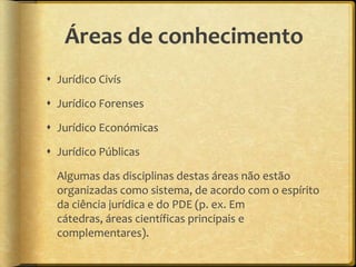 Áreas de conhecimento
 Jurídico Civís

 Jurídico Forenses

 Jurídico Económicas

 Jurídico Públicas

  Algumas das disciplinas destas áreas não estão
  organizadas como sistema, de acordo com o espírito
  da ciência jurídica e do PDE (p. ex. Em
  cátedras, áreas científicas principais e
  complementares).
 