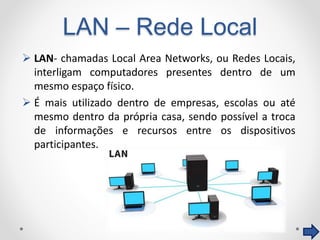 LAN – Rede Local
 LAN- chamadas Local Area Networks, ou Redes Locais,
interligam computadores presentes dentro de um
mesmo espaço físico.
 É mais utilizado dentro de empresas, escolas ou até
mesmo dentro da própria casa, sendo possível a troca
de informações e recursos entre os dispositivos
participantes.
 