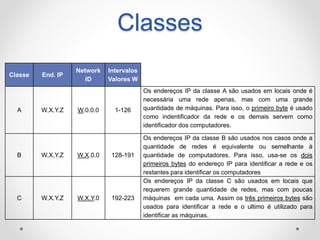 Classes
Classe End. IP
Network
ID
Intervalos
Valores W
A W.X.Y.Z W.0.0.0 1-126
Os endereços IP da classe A são usados em locais onde é
necessária uma rede apenas, mas com uma grande
quantidade de máquinas. Para isso, o primeiro byte é usado
como indentificador da rede e os demais servem como
identificador dos computadores.
B W.X.Y.Z W.X.0.0 128-191
Os endereços IP da classe B são usados nos casos onde a
quantidade de redes é equivalente ou semelhante à
quantidade de computadores. Para isso, usa-se os dois
primeiros bytes do endereço IP para identificar a rede e os
restantes para identificar os computadores
C W.X.Y.Z W.X.Y.0 192-223
Os endereços IP da classe C são usados em locais que
requerem grande quantidade de redes, mas com poucas
máquinas em cada uma. Assim os três primeiros bytes são
usados para identificar a rede e o ultimo é utilizado para
identificar as máquinas.
 