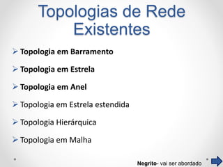 Topologias de Rede
Existentes
 Topologia em Barramento
 Topologia em Estrela
 Topologia em Anel
 Topologia em Estrela estendida
 Topologia Hierárquica
 Topologia em Malha
Negrito- vai ser abordado
 