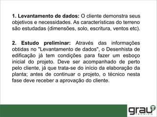 1. Levantamento de dados: O cliente demonstra seus
objetivos e necessidades. As características do terreno
são estudadas (dimensões, solo, escritura, ventos etc).
2. Estudo preliminar: Através das informações
obtidas no "Levantamento de dados", o Desenhista de
edificação já tem condições para fazer um esboço
inicial do projeto. Deve ser acompanhado de perto
pelo cliente, já que trata-se do início da elaboração da
planta; antes de continuar o projeto, o técnico nesta
fase deve receber a aprovação do cliente.
 