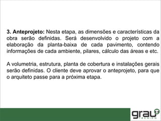 3. Anteprojeto: Nesta etapa, as dimensões e características da
obra serão definidas. Será desenvolvido o projeto com a
elaboração da planta-baixa de cada pavimento, contendo
informações de cada ambiente, pilares, cálculo das áreas e etc.
A volumetria, estrutura, planta de cobertura e instalações gerais
serão definidas. O cliente deve aprovar o anteprojeto, para que
o arquiteto passe para a próxima etapa.
 