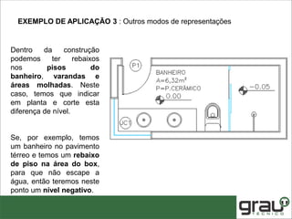Dentro da construção
podemos ter rebaixos
nos pisos do
banheiro, varandas e
áreas molhadas. Neste
caso, temos que indicar
em planta e corte esta
diferença de nível.
Se, por exemplo, temos
um banheiro no pavimento
térreo e temos um rebaixo
de piso na área do box,
para que não escape a
água, então teremos neste
ponto um nível negativo.
EXEMPLO DE APLICAÇÃO 3 : Outros modos de representações
 