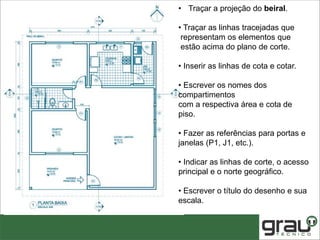 • Traçar a projeção do beiral.
• Traçar as linhas tracejadas que
representam os elementos que
estão acima do plano de corte.
• Inserir as linhas de cota e cotar.
• Escrever os nomes dos
compartimentos
com a respectiva área e cota de
piso.
• Fazer as referências para portas e
janelas (P1, J1, etc.).
• Indicar as linhas de corte, o acesso
principal e o norte geográfico.
• Escrever o título do desenho e sua
escala.
 