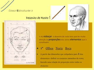 Como Estruturar o 
Desenho de Rosto ! 
• 
1ºOlhosNarizBoca 
• 
Apartir das dimensões que estipulares para 1dos elementos e definir os restantes tamanhos do rosto, fazendo uma relação de proporção entre todos os elemento 
» Ao esboçaro desenho de rosto tens que ter muita atenção às proporçõesdos vários elementosque o constituem:  