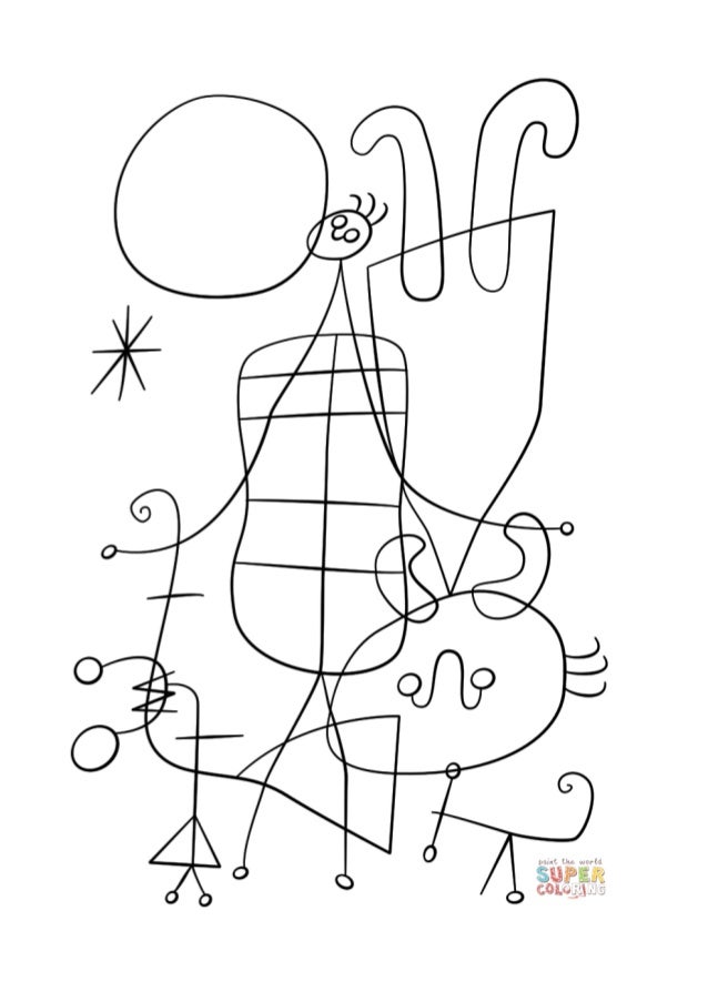 joan miro figures and dog in front of the sun