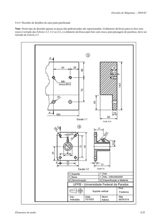 Desenho de Máquinas – 2004/02


4.4.4 Desenho de detalhes de uma junta parafusada

Nota: Neste tipo de desenho apenas as peças não padronizadas são representadas. O diâmetro da broca para os furo com
rosca é retirado das Tabelas 4.2, 4.3 ou 4.4, e o diâmetro da broca para furo sem rosca, para passagem de parafuso, deve ser
retirado da Tabela 4.5.




                                                                                  5



                                               50             25                                                  18




                                                                        46
                                                                                                                    12


                                             M8




                                                                                                                         143
                                           broca Ø6,8
                                                                        72




                                          10
                                                                                       43




                                                                                                                   14
                                       500
                                                                                                          50
                                                                   Escala 1:1
                                                                                                      Corte A-A


                                                                    6
                                                                                             17
                                    R1
                                      0




                                                                                                        ,5




                                                         4,5
                                                                                                      R3
                                                                                                  7
                                                         10




                                                                                                                  10,8




                                                    20
                                                                      72
                                                                             92
                                  46




                                                     28


                                                    50                                   8
                                                    70                                            51

                                                                    Escala 1:2               Corte F-G

                                                     6 Suporte                                  1 fofo
                                                     5 Base                                     1 fofo - 200x300x500
                                                     N Denominação                              Q Especificação e Material
                                                              UFPB - Universidade Federal da Paraiba
                                                                                                                         Prof.
                                                                                      Suporte vertical                   Frederico

                                                         Esc.                 Data:               Aluno:                 Mat.
                                                         Indicadas            15/10/03            Adiana                 99781014




Elementos de união                                                                                                                        4.35
 