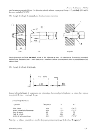 Desenho de Máquinas – 2004/02
mais baixa da chaveta mede 9,8 mm. Para determinar o ângulo aplica-se a equação da Figura 4.8.2, onde Incl.=0,01=tg(α/2),
daí temos que (α/2)=0o38’11,76”

4.8.3 Exemplo de indicação de conicidade, nos desenhos técnicos mecânicos



                                                                                                              1
     1
                                                          2

                                       con 20°




                                                                           Ø50
    Ø36




                 con 20°



                                            78,8

                                                                                                              2
                      80

                 Cubo                              Eixo                                  Conjunto


Na cotagem de peças cônicas não se deve indicar os dois diâmetros do cone. Para eixo cônicos, deve-se cotar o diâmetro
maior do cone, a altura do cone e a comicidade da peça, para furos cônicos, cotar o diâmetro menor, a profundidade do furo
e a conicidade.


4.8.4 Exemplo de indicação de inclinação




Quando indicar a inclinação de um elemento, não cotar as duas alturas do plano inclinado, deve-se cotar a altura maior, o
comprimento do plano e a inclinação da peça


    Conicidades padronizadas

          Aplicação                                           Designação          %               α/2

          Pino cônico                                            1:50             2%            0o34'22"
          Cones p/ fixação de ferramentas                        1:30            3,33%          0o57'17"
          Furo de centro                                         60o             115%              30o
          Sede de válvula                                        90o             200%              45o
                                                                                                 o
          Cubos de hélices marítimas                             1:12            8,33%          2 23'10"

Nota: Deve-se indicar a conicidade nos desenhos destes elementos como está sugerido da coluna “Designação”




Elementos de união                                                                                                  4.59
 