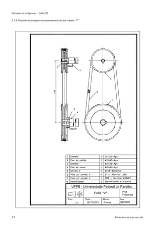 Desenho de Máquinas – 2004/02

5.2.4 Desenho de conjunto de uma transmissão por correia “V”




                                                     UFPB - Universidade Federal da Paraiba
                                                                                             Prof.
                                                                      Polia "V"              Frederico
                                                  Esc.         Data :        Aluno:        Mat.
                                                         1:1    16/10/2003    Evania       9978997




5.8                                                                                    Elementos de transmissão
 