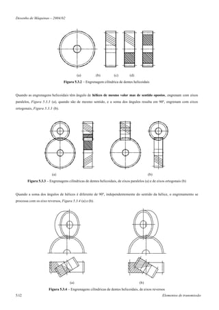 Desenho de Máquinas – 2004/02




                                           (a)           (b)        (c)       (d)
                                 Figura 5.3.2 – Engrenagem cilíndrica de dentes helicoidais


Quando as engrenagens helicoidais têm ângulo de hélices de mesmo valor mas de sentido opostos, engrenam com eixos
paralelos, Figura 5.3.3 (a), quando são de mesmo sentido, e a soma dos ângulos resulta em 90º, engrenam com eixos
ortogonais, Figura 5.3.3 (b).




                         (a)                                                               (b)
        Figura 5.3.3 – Engrenagens cilíndricas de dentes helicoidais, de eixos paralelos (a) e de eixos ortogonais (b)


Quando a soma dos ângulos de hélices é diferente de 90º, independentemente do sentido da hélice, o engrenamento se
processa com os eixo reversos, Figura 5.3.4 (a) e (b).




                                     (a)                                             (b)
                      Figura 5.3.4 – Engrenagens cilíndricas de dentes helicoidais, de eixos reversos
5.12                                                                                                 Elementos de transmissão
 