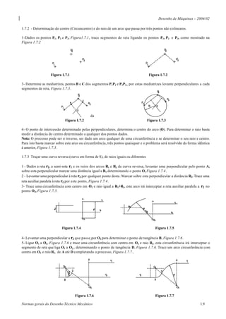 Desenho de Máquinas – 2004/02

1.7.2 - Determinação do centro (Circuncentro) e do raio de um arco que passa por três pontos não colineares.

1-Dados os pontos P1, P2 e P3, Figura1.7.1, trace segmentos de reta ligando os pontos P1, P2 e P3, como mostrado na
Figura 1.7.2




                   Figura 1.7.1                                                        Figura 1.7.2

3- Determine as mediatrizes, pontos B e C dos segmentos P1P2 e P2P3,, por estas mediatrizes levante perpendiculares a cada
segmentos de reta, Figura 1.7.3.




                                             da
                             Figura 1.7.2                                             Figura 1.7.3

4- O ponto de intercessão determinado pelas perpendiculares, determina o centro do arco (O). Para determinar o raio basta
medir a distância do centro determinado a qualquer dos pontos dados.
Nota: O processo pode ser o inverso, ser dado um arco qualquer de uma circunferência e se determinar o seu raio e centro.
Para isto basta marcar sobre este arco ou circunferência, três pontos quaisquer e o problema será resolvido da forma idêntica
à anterior, Figura 1.7.3.

1.7.3 Traçar uma curva reversa (curva em forma de S), de raios iguais ou diferentes

1 - Dados a reta r2, a semi-reta r1 e os raios dos arcos R1 e R2 da curva reversa, levantar uma perpendicular pelo ponto A,
sobre esta perpendicular marcar uma distância igual a R1 determinando o ponto O1 Figura 1.7.4.
2 - Levantar uma perpendicular à reta r2 por qualquer ponto desta. Marcar sobre esta perpendicular a distância R2. Trace uma
reta auxiliar paralela à reta r2 por este ponto, Figura 1.7.4.
3- Trace uma circunferência com centro em O1 e raio igual a R1+R2, este arco irá interceptar a reta auxiliar paralela a r2 no
ponto O2, Figura 1.7.5.




                          Figura 1.7.4                                                     Figura 1.7.5

4- Levantar uma perpendicular a r2 que passe, por O2 para determinar o ponto de tangência B, Figura 1.7.6.
5- Ligue O1 a O2, Figura 1.7.6 e trace uma circunferência com centro em O2 e raio R2, esta circunferência irá interceptar o
segmento de reta que liga O1 a O2,, determinando o ponto de tangência D, Figura 1.7.6. Trace um arco circunferência com
centro em O1 e raio R1, de A até D completando o processo, Figura 1.7.7..




                                   Figura 1.7.6                                            Figura 1.7.7

Normas gerais do Desenho Técnico Mecânico                                                                             1.9
 