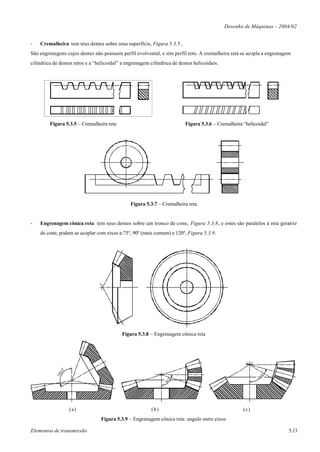 Desenho de Máquinas – 2004/02


-   Cremalheira: tem teus dentes sobre uma superfície, Figura 5.3.5..
São engrenagens cujos dentes não possuem perfil evolvental, e sim perfil reto. A cremalheira reta se acopla a engrenagem
cilíndrica de dentes retos e a “helicoidal” a engrenagem cilíndrica de dentes helicoidais.




         Figura 5.3.5 – Cremalheira reta                                  Figura 5.3.6 – Cremalheira “helicoidal”




                                               Figura 5.3.7 – Cremalheira reta


-   Engrenagem cônica reta: tem seus dentes sobre um tronco de cone, Figura 5.3.8, e estes são paralelos à reta geratriz
    do cone, podem se acoplar com eixos a:75º, 90º (mais comum) e 120º, Figura 5.3.9.




                                           Figura 5.3.8 – Engrenagem cônica reta
              0°
             0,




                                                                                                                °
            12




                                                                                                              ,0
                                                                                                            75
                                                                 °
                                                                 ,0
                                                                90




                   (a)                                   (b)                                         (c)
                                 Figura 5.3.9 – Engrenagem cônica reta: angulo entre eixos

Elementos de transmissão                                                                                               5.13
 