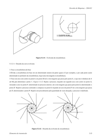 Desenho de Máquinas – 2004/02




                                        Figura 5.3.11 – Evolvente de circunferência


5.3.2.1.1 Desenho da curva evolvente.


1-Trace a circunferência de base
2-Divida a circunferência de base em um determinado numero de partes iguais (12 por exemplo), e por cada ponto assim
determinado no perímetro da circunferência, traçar uma reta tangente à circunferência.
3-Trace um arco com centro no ponto 1, do ponto 12 até a reta tangente que passa pelo ponto 1, e cujo raio é distância de 1
até 12, para determinar o ponto 1’, Figura 5.3.12. Repita o processo, traçando um segundo arco com centro no ponto 2,
iniciando o arco no ponto 1’, determinado no processo anterior, até a reta tangente que passa pelo ponto 2, determinando o
ponto 2’. Repetir o processo centrando o compasso no ponto 3, traçando um arco do ponto 2’ até a reta tangente que passa
por 3, determinando o ponto 3'. Repetir este procedimento pela quantidade de vezes desejada, o processo é indefinido.




                                   Figura 5.3.12 – Desenho da evolvente de circunferência

Elementos de transmissão                                                                                                5.15
 