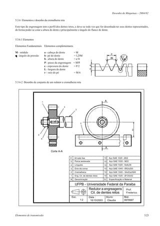 Desenho de Máquinas – 2004/02

5.3.6 Elementos e desenho da cremalheira reta

Este tipo de engrenagem tem o perfil dos dentes retos, e deve-se toda vez que for desenhada ter seus dentes representados,
de forma poder se cotar a altura do dente e principalmente o ângulo do flanco de dente.


5.3.6.1 Elementos

Elementos Fundamentais       Elementos complementares

M – módulo                   a - cabeça do dente     =M
                                                                                              P
θ - ângulo de pressão        b - pé do dente         = 1,25M




                                                                                                          r
                             h - altura do dente     = a+b                                   2θ
                             P - passo da engrenagem = M π
                             e - espessura do dente  = P/2
                             L - largura do dente
                             r – raio do pé          = M/6


5.3.6.2 Desenho de conjunto de um redutor a cremalheira reta




                         1                                                            A

                                              4
                                                         3




                                                              2




                                                                                                                       50
                     5

                         6




                                                                                       A
                                  Corte A-A

                                                  6     Arruela lisa                  10    Aço SAE 1020 - Ø22
                                                  5     Porca sextavada               10    Aço SAE 1020 - M22
                                                  4     Lingueta                      10    Aço SAE 1020 - 8x8x39
                                                  3     Eixo da coroa                 10    Aço SAE 1045 - Ø52x200
                                                  2     Cremalheira                   10    Aço SAE 1020 - 34x53x2500
                                                  1     Eng. Cil. de dentes retos     10    Aço SAE 1020 - Ø120x52
                                                  N     Denominação                   Q     Especificação e Material

                                                        UFPB - Universidade Federal da Paraiba
                                                                Redutor a engreagens Prof.
                                                                 Cil. de dentes retos   Frederico
                                                      Esc.              Data :            Aluno:           Mat.
                                                              1:2        16/10/2003        Claudia         9978997




Elementos de transmissão                                                                                                    5.23
 