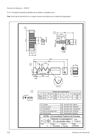 Desenho de Máquinas – 2004/02

5.3.6.3 Exemplo de desenho de detalhes de um redutor a cremalheira reta

Nota: Neste tipo de desenho deve-se sempre colocara uma tabela com os dados das engrenagens.




                          1



                                                                                                3                           200

                                                                                                                86,8
                                                                                                         48,6          30


                                                               34




                                                                               10
                                                                                                         39
                           Ø120




                                                       Ø50




                                                                                                                                   Ø34




                                                                                                                                                  Ø52
                                                                       37,3




                                                                                                M22




                                                                                                                              10
                                                                                                                   5
                                           40

                                            52



                                                                                         2500

                                                 18                                 2464

                                                       Α                      50°
                                       2
                                                                22,5




                                                                                                                                                  34
                                           16




                                                                                                                                         53

                                                              5 furos Ø12mm


                                                 100                   575                                                                     CORTE A-B
                                                  Β
                                                                                                         ,7
                                                                                                        r1




                                                                                                      Escala 5:1



                                           4                                                 Dados das engrenagens
                                                                     Z              M      O    dp a    b     h    P raio do pé
                                  8
                                                             Eng. 1 8                           80                      1,66
                                                                                    10     25°     10 12,5 22,5 31,41
                      8




                                                             Eng. 2 12                         120                      1,66
                                      39




                                                                4        Lingueta                                10         Aço SAE 1020 - 8x8x39
                                                                3        Eixo da coroa                           10         Aço SAE 1045 - Ø52x200
                                                                2        Cremalheira                             10         Aço SAE 1020 - 34x53x2500
                                                                1        Eng. Cil. de dentes retos               10         Aço SAE 1020 - Ø120x52
                                                                N        Denominação                             Q          Especificação e Material

                                                                         UFPB - Universidade Federal da Paraiba
                                                                                 Redutor a engreagens Prof.
                                                                                  Cil. de dentes retos   Frederico
                                                                  Esc.                      Data :                   Aluno:                    Mat.
                                                                                1:2          16/10/2003               Claudia                  9978997



5.24                                                                                                                                          Elementos de transmissão
 