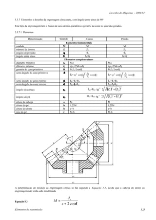 Desenho de Máquinas – 2004/02

5.3.7 Elementos e desenho da engrenagem cônica reta, com ângulo entre eixos de 90º

Este tipo de engrenagem tem o flanco de seus dentes, paralelos à geratriz do cone no qual são gerados.

5.3.7.1 Elementos

              Denominação                       Símbolo                                 Coroa                                    Pinhão
                                                     Elementos fundamentais
 módulo                                           M                       M                                                         M
 número de dentes                                 Z                       Z1                                                        Z2
 ângulo de pressão                                θ                        θ1                                                        θ2
 ângulo entre eixos                               Σ                      δ1+δ2                                                     δ1+δ2
                                                   Elementos complementares
 diâmetro primitivo                               dp    Mz1                                                      Mz2
 diâmetro externo                                 de    dp 1+2Mcosδ1                                             dp 2+2Mcosδ2
 geratriz do cone primitivo                       R     MZ1/2senδ1                                               MZ2/2senδ2
 semi-ângulo do cone primitivo                    δ                     Z                                                       Z       
                                                        δ1= tg-1 sen(∑)  2 + cos(∑) 
                                                                                                               δ2= tg-1 sen(∑)  1 + cos(∑) 
                                                                                                                                               
                                                                        
                                                                                       Z1         
                                                                                                                         
                                                                                                                                  Z2        
 semi-ângulo do cone externo                      δa            δa1=δ1+θa1                                       δa2=δ2+θa2
 semi-ângulo do cone interno                      δb            δb1=δ1-θb1
                                                                    4                                            δb2=δ2-θb2

 ângulo da cabeça                                 θa                                     θa1=θa2= tg -1  2
                                                                                                               (Z1 )2 + (Z 2 )2 
                                                                                                                                 
                                                                                                                                
 ângulo do pé                                     θb                                     θb1=θb2= tg -1  2,5
                                                                                                                (Z1 ) 2 + ( Z2 ) 2 
                                                                                                                                    
                                                                                                                                  
 altura da cabeça                                    a          M                                                M
 altura do pé                                        b          1,25M                                            1,25M
 altura do dente                                     h          a+b                                              a+b
 raio do pé                                          r          M/6                                              M/6




                                                                              0a
                                                                               2
                                                                                         0b 2
                                                                              da
                                                         S




                                                                            d b2
                                                                                   2




                                                                                                                dp
                                                                                                                      de




                                     R
                                                                        d2




                                                                db 1 d 1
                                         0a 1




                                                         d a1
                                 L
                                                0b
                                                  1




                                                                  dp

                                                                  de

A determinação do módulo da engrenagem cônica se faz segundo a Equação 5.3, desde que a cabeça do dente da
engrenagem não tenha sido modificada

                                                     de
Equação 5.3                          M=
                                                 z + 2 cosδ
Elementos de transmissão                                                                                                                            5.25
 