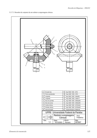 Desenho de Máquinas – 2004/02

5.3.7.3 Desenho de conjunto de um redutor a engrenagens cônicas




                                                                         1

                               3                                             8




                                                                                 7

                                                                         5




                                                    6
                       2
                                                    4




                                                8       Arruela lisa                   10   Aço SAE 1020 - Ø12
                                                7       Porca sextavada                10   Aço SAE 1020 - M12
                                                6       Lingueta                       5    Aço SAE 1020 - 6x6x26
                                                5       Lingueta                       5    Aço SAE 1020 - 6x6x17
                                                4       Eixo do pinhão                 5    Aço SAE 1020 - Ø30x200
                                                3       Eixo da coroa                  5    Aço SAE 1045 - Ø35x200
                                                2       Corôa cônica                   5    Aço SAE 1020 - Ø143x42
                                                1       Pinhão cônico                  5    Aço SAE 1020 - Ø126x40
                                                N       Denominação                    Q    Especificação e Material

                                                        UFPB - Universidade Federal da Paraiba
                                                                Redutor a engreagens Prof.
                                                                      Cônicas           Frederico
                                                    Esc.                 Data :            Aluno:          Mat.
                                                              1:2         16/10/2003        Romero         9978997




Elementos de transmissão                                                                                                5.27
 